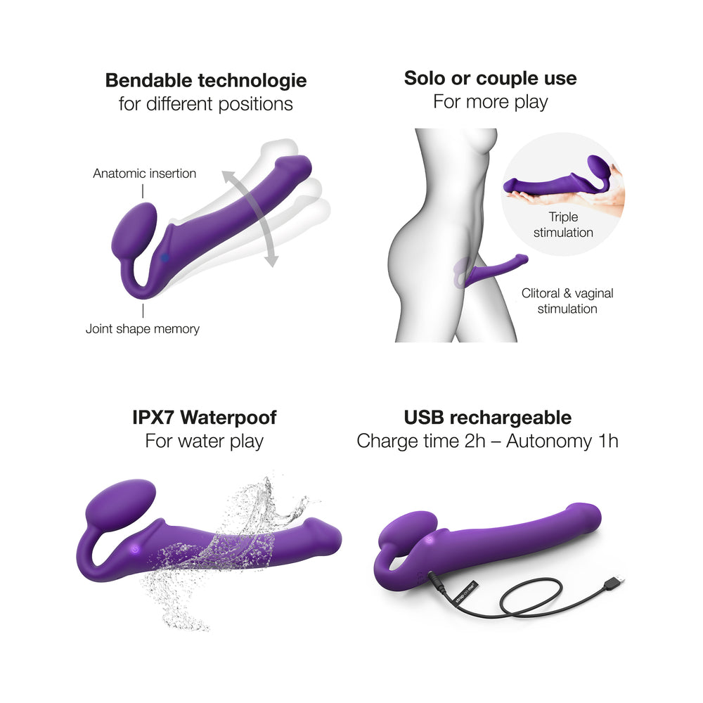 Strap-On-Me Rechargeable Remote-Controlled Silicone Vibrating Bendable Strap-On - Purple - Size M