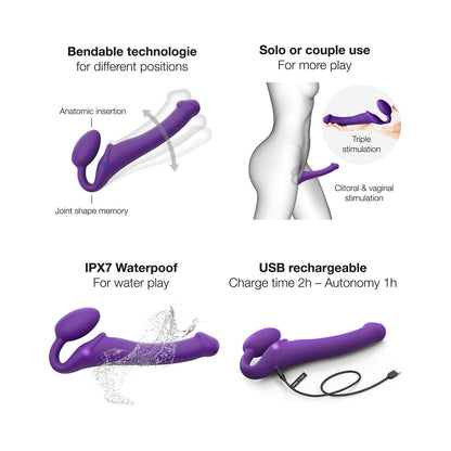 Strap-On-Me Rechargeable Remote-Controlled Silicone Vibrating Bendable Strap-On - Purple - Size M