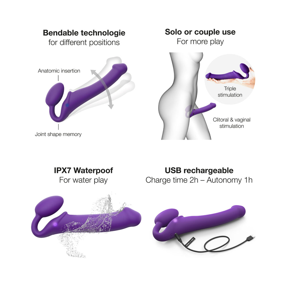 Strap-On-Me Rechargeable Remote-Controlled Silicone Vibrating Bendable Strap-On - Purple XL