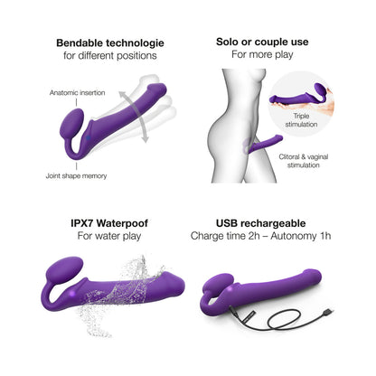 Strap-On-Me Rechargeable Remote-Controlled Silicone Vibrating Bendable Strap-On - Purple XL