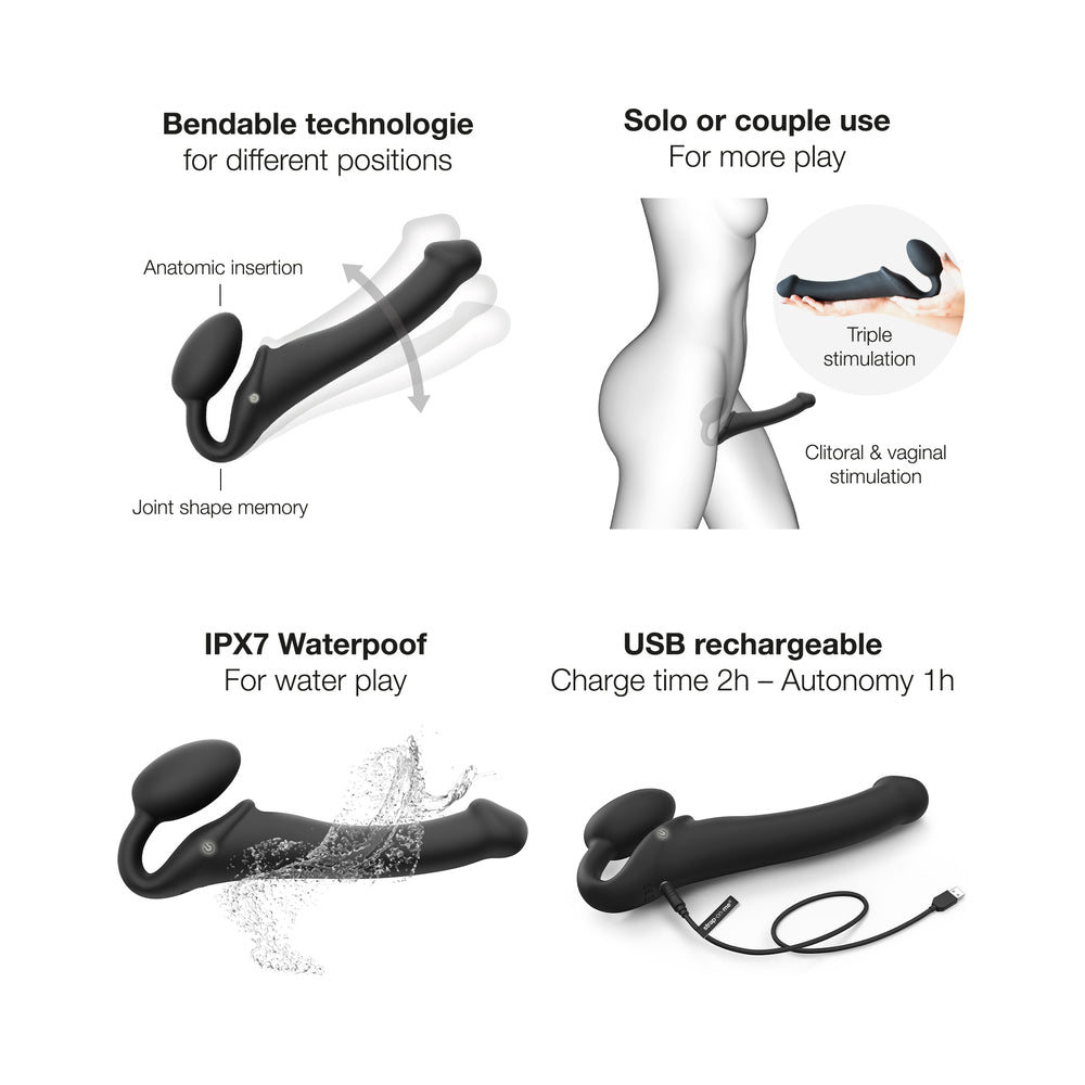 Strap-On-Me Rechargeable Remote-Controlled Silicone Vibrating Bendable Strap-On – Black