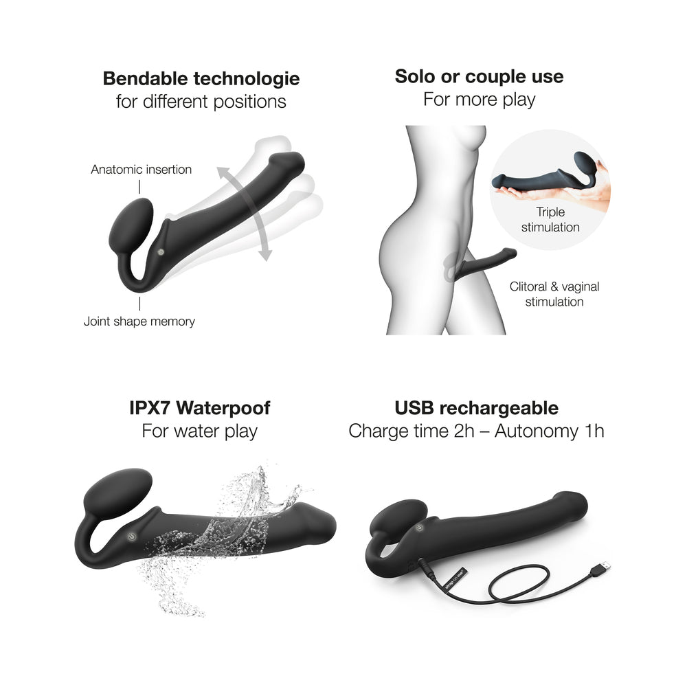 Strap-On-Me Rechargeable Remote-Controlled Silicone Vibrating Bendable Strap-On – Black