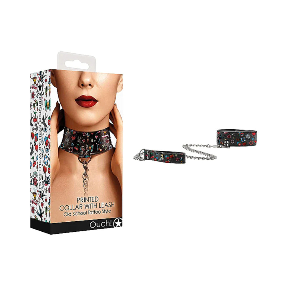 Ouch! Adjustable Printed Collar with Leash – Multi-Color