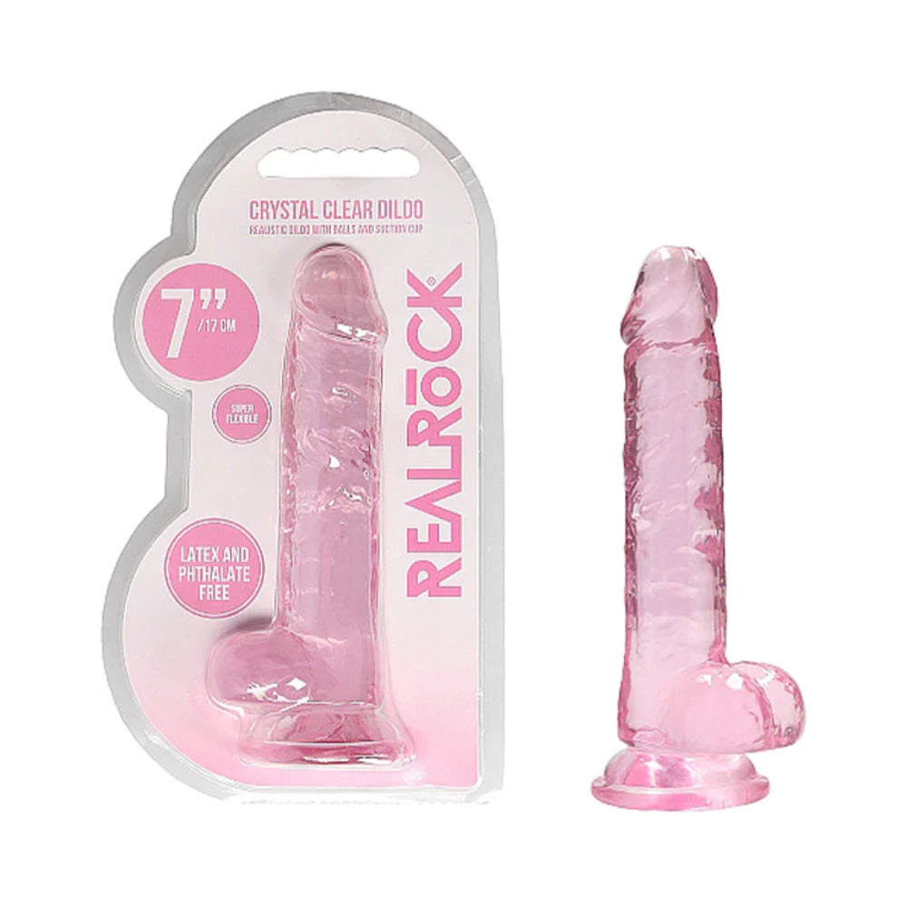 RealRock Crystal Clear 7 in. Dildo with Balls and Suction Cup - Light Pink