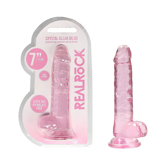 RealRock Crystal Clear 7 in. Dildo with Balls and Suction Cup - Light Pink