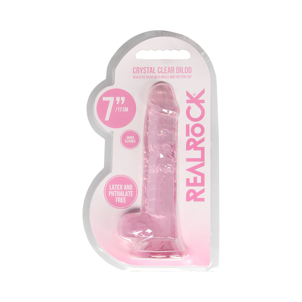 RealRock Crystal Clear 7 in. Dildo with Balls and Suction Cup - Light Pink