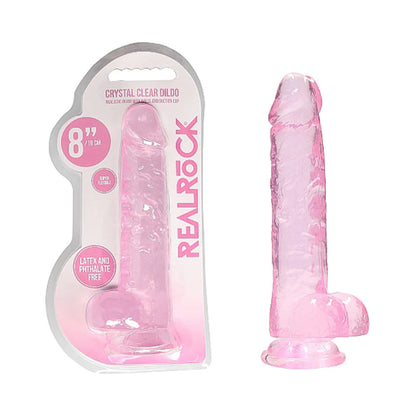 RealRock Crystal Clear 8 in. Dildo with Balls and Suction Cup - Pink