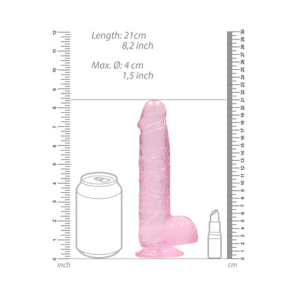 RealRock Crystal Clear 8 in. Dildo with Balls and Suction Cup - Pink