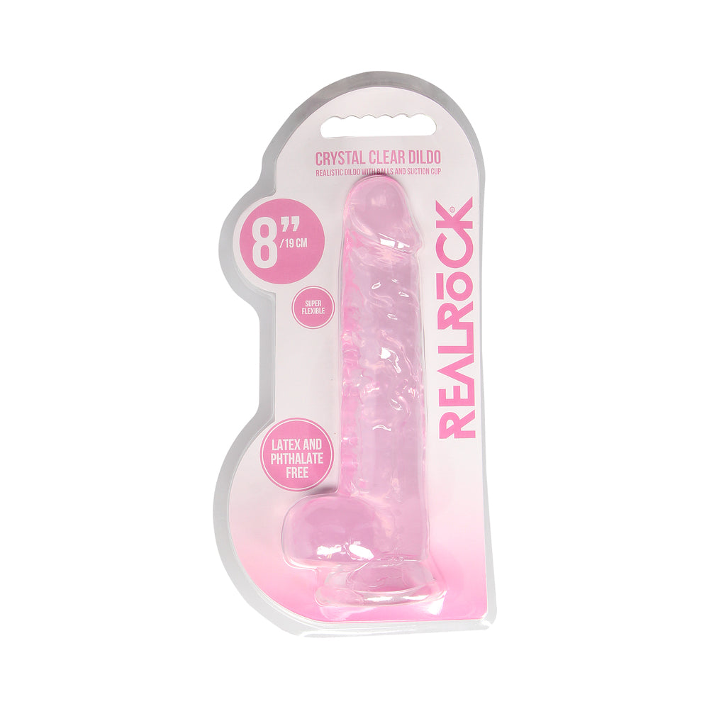 RealRock Crystal Clear 8 in. Dildo with Balls and Suction Cup - Pink