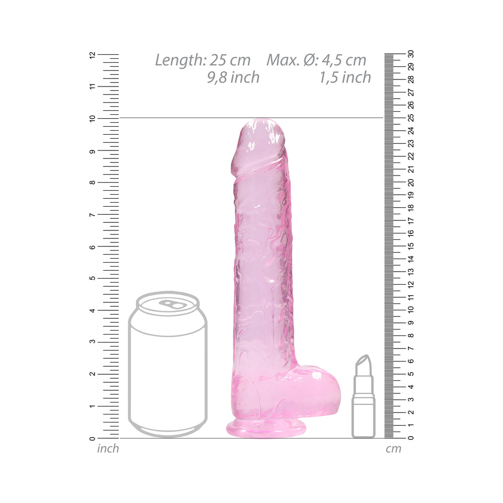 RealRock Crystal Clear 9 in. Dildo with Balls and Suction Cup - Light Pink