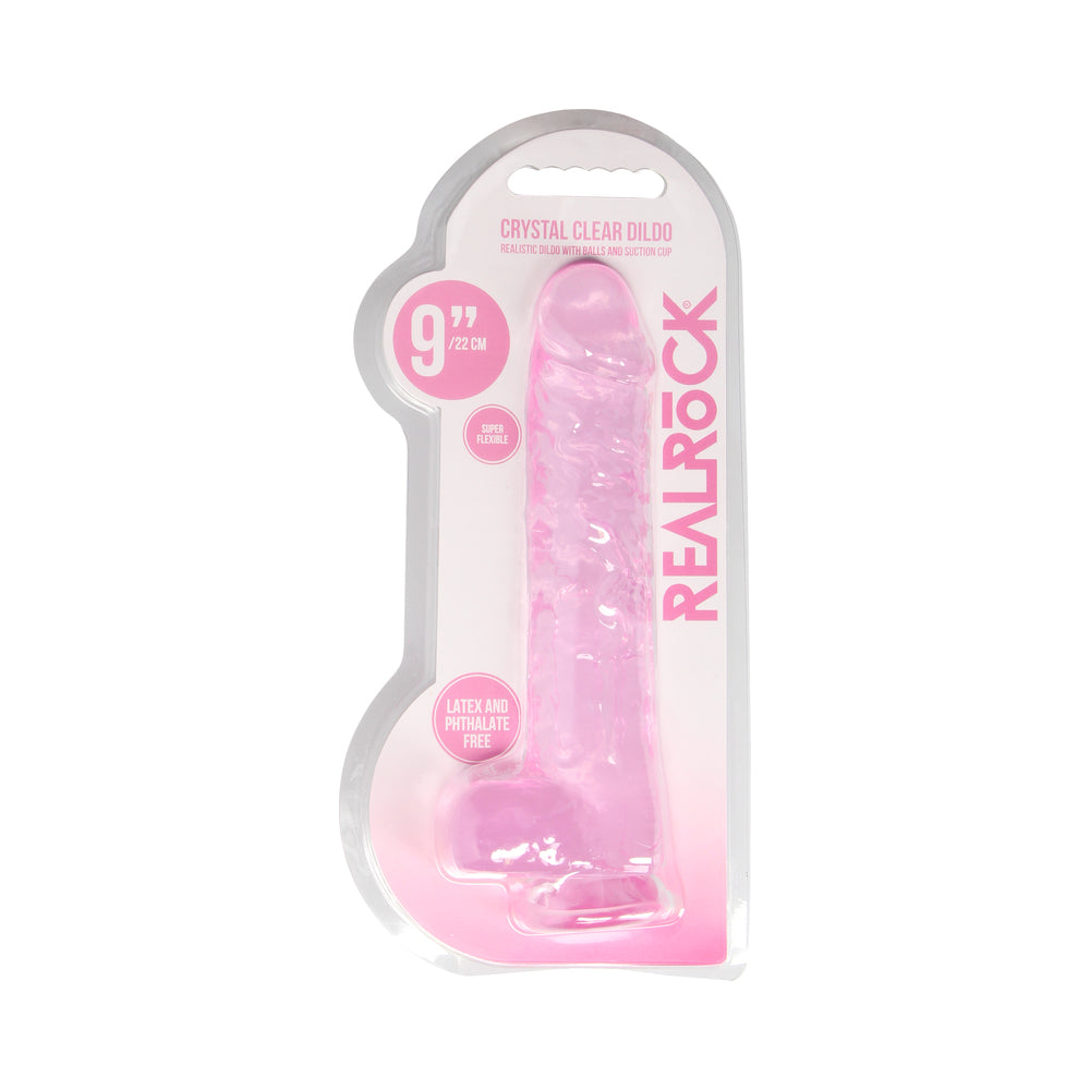 RealRock Crystal Clear 9 in. Dildo with Balls and Suction Cup - Light Pink
