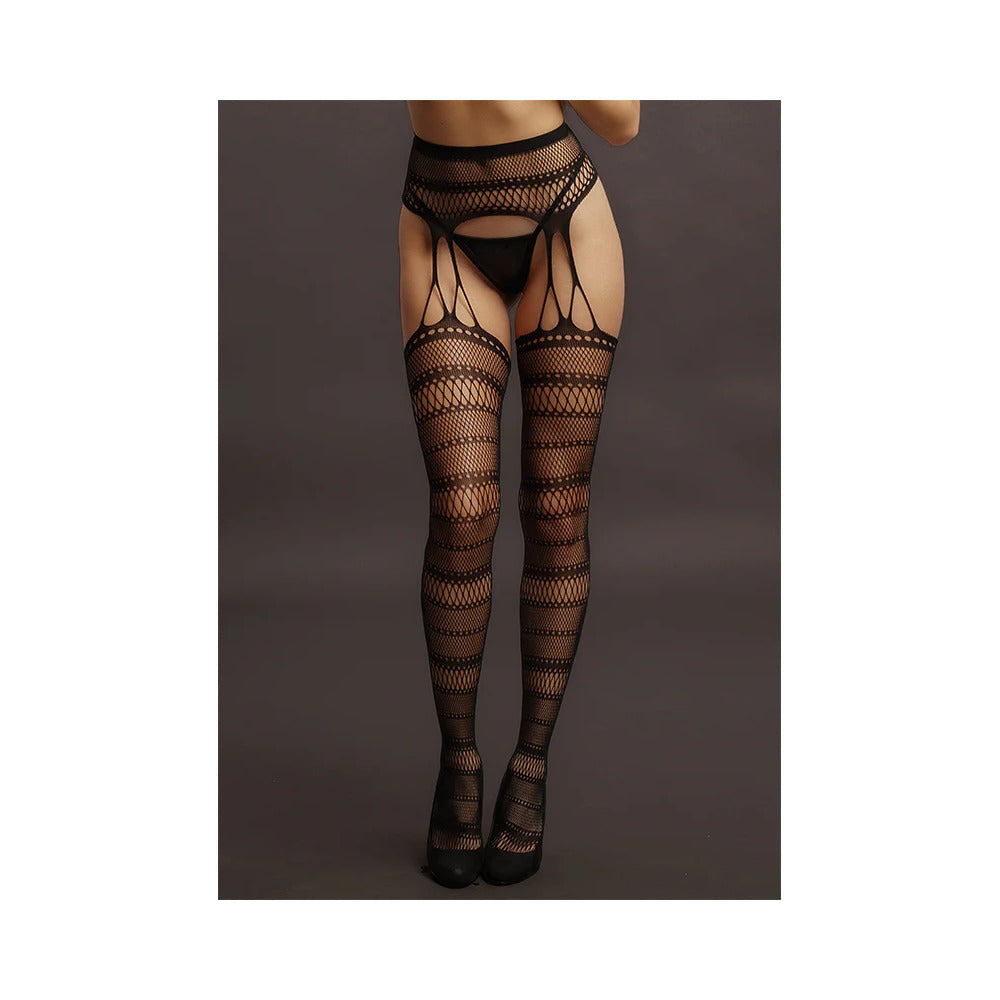Le Desir Suspender Striped Pantyhose – Black – O/S