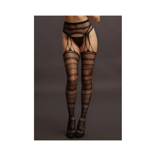 Le Desir Suspender Striped Pantyhose – Black – O/S