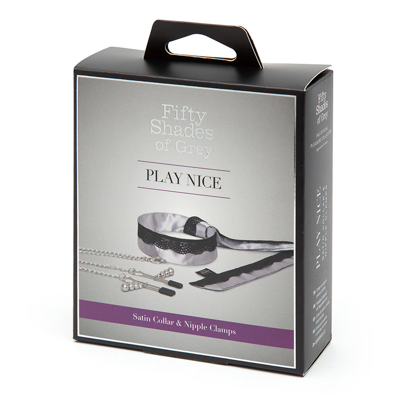 Fifty Shades of Grey Satin Collar with Lace Trim and Adjustable Nipple Clamps – Gray