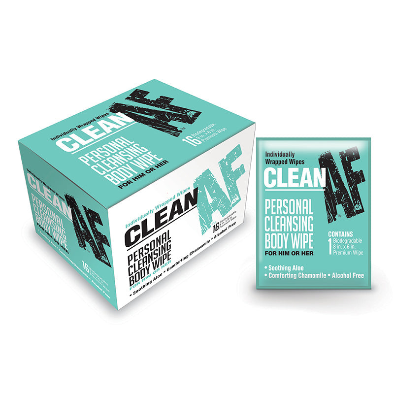 Clean AF Individually Wrapped Personal Cleaning Body Wipe 16-Pack – Biodegradable, Chamomile and Aloe Infused, White
