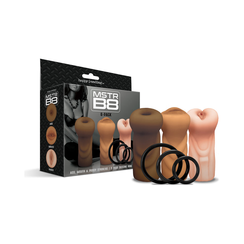 Happy Ending Mstr B8 Six Pack – Ass, Mouth, Pussy Stroker with 3 Rings – Assorted Colors