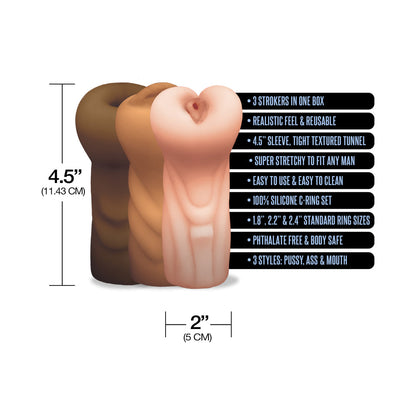 Happy Ending Mstr B8 Six Pack – Ass, Mouth, Pussy Stroker with 3 Rings – Assorted Colors