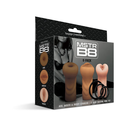 Happy Ending Mstr B8 Six Pack – Ass, Mouth, Pussy Stroker with 3 Rings – Assorted Colors