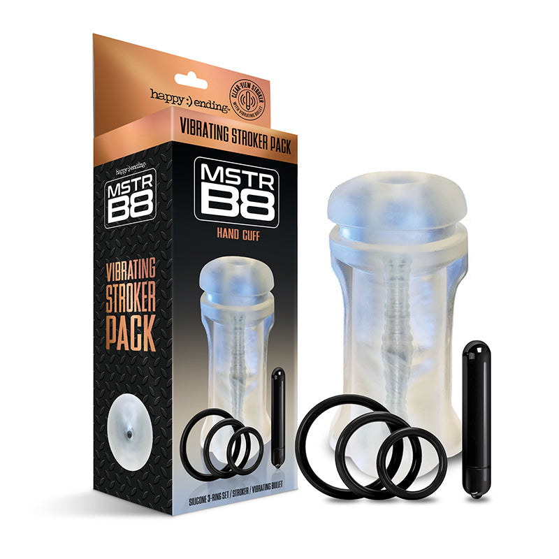 Happy Ending Mstr B8 Vibrating Stroker Pack - Hand Cuff with Waterproof Bullet - Clear