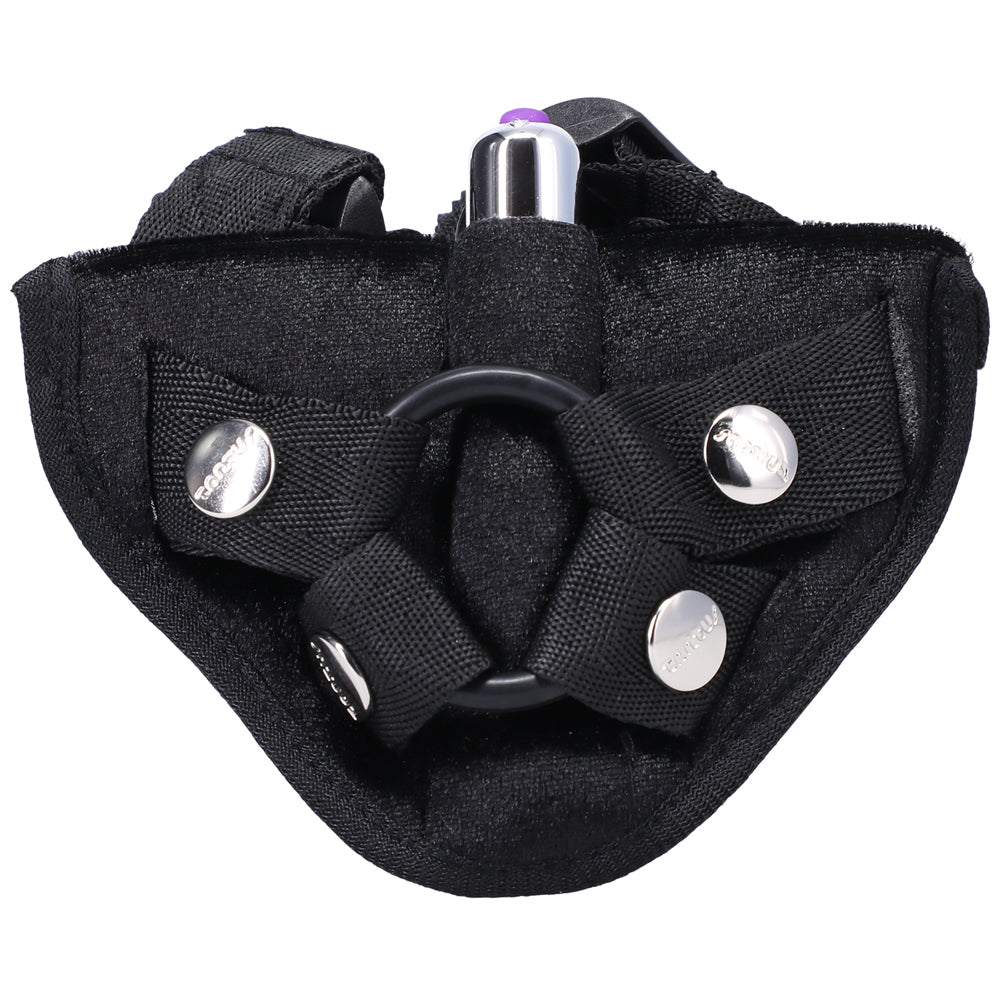 Tantus Velvet Vibrating Harness Strap-On with Removable O-Ring - Black