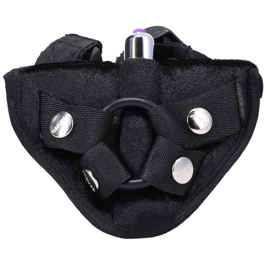 Tantus Velvet Vibrating Harness Strap-On with Removable O-Ring - Black