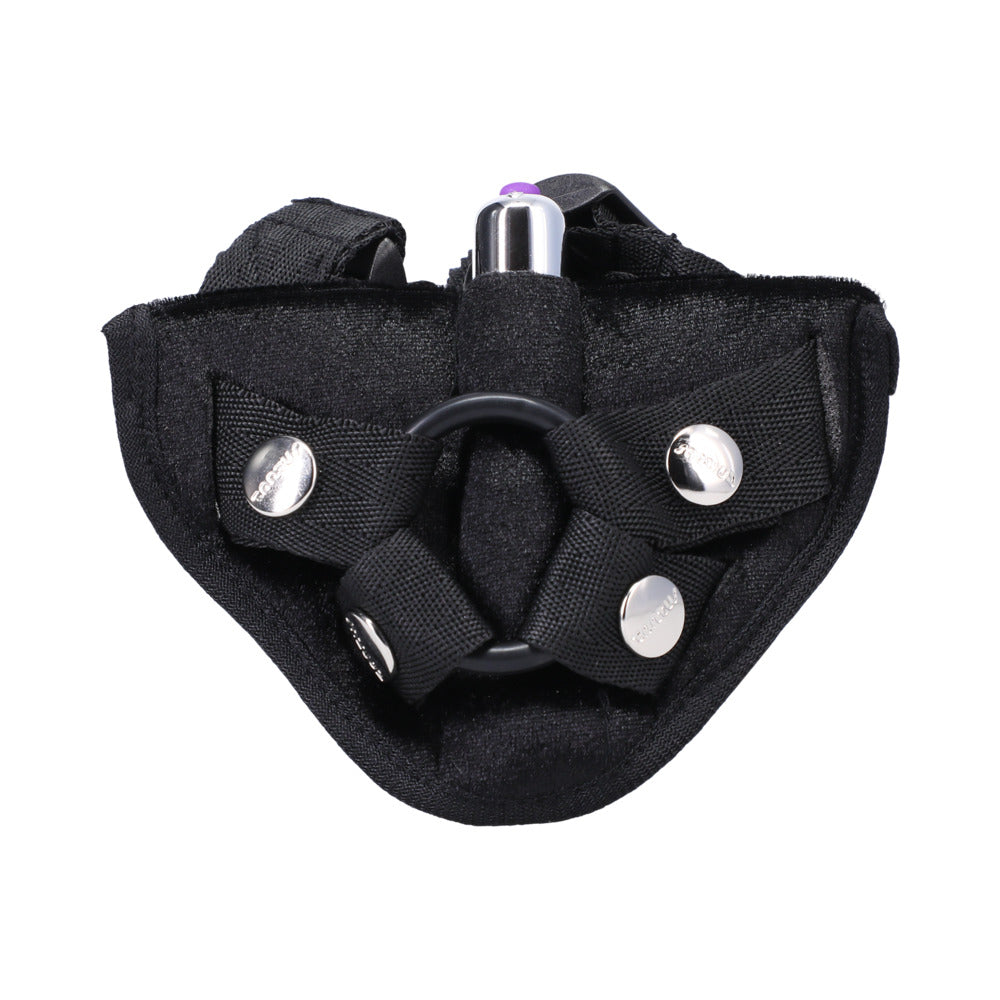 Tantus Velvet Vibrating Harness Strap-On with Removable O-Ring - Black