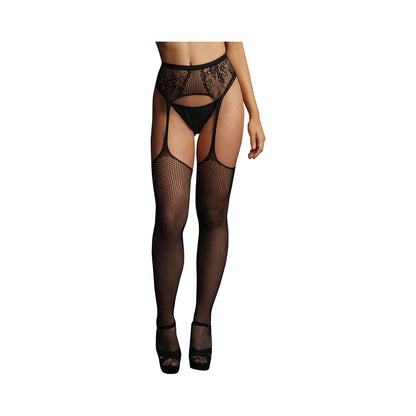 Le Desir Fishnet and Lace Garter Belt Stockings – Black – O/S