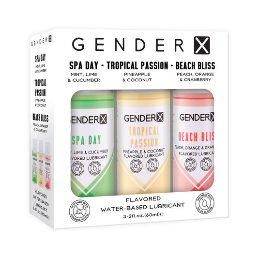 Gender X Flavored Lube Travel Pack – Water-Based Personal Lubricant – Spa Day, Tropical Passion, Beach Bliss