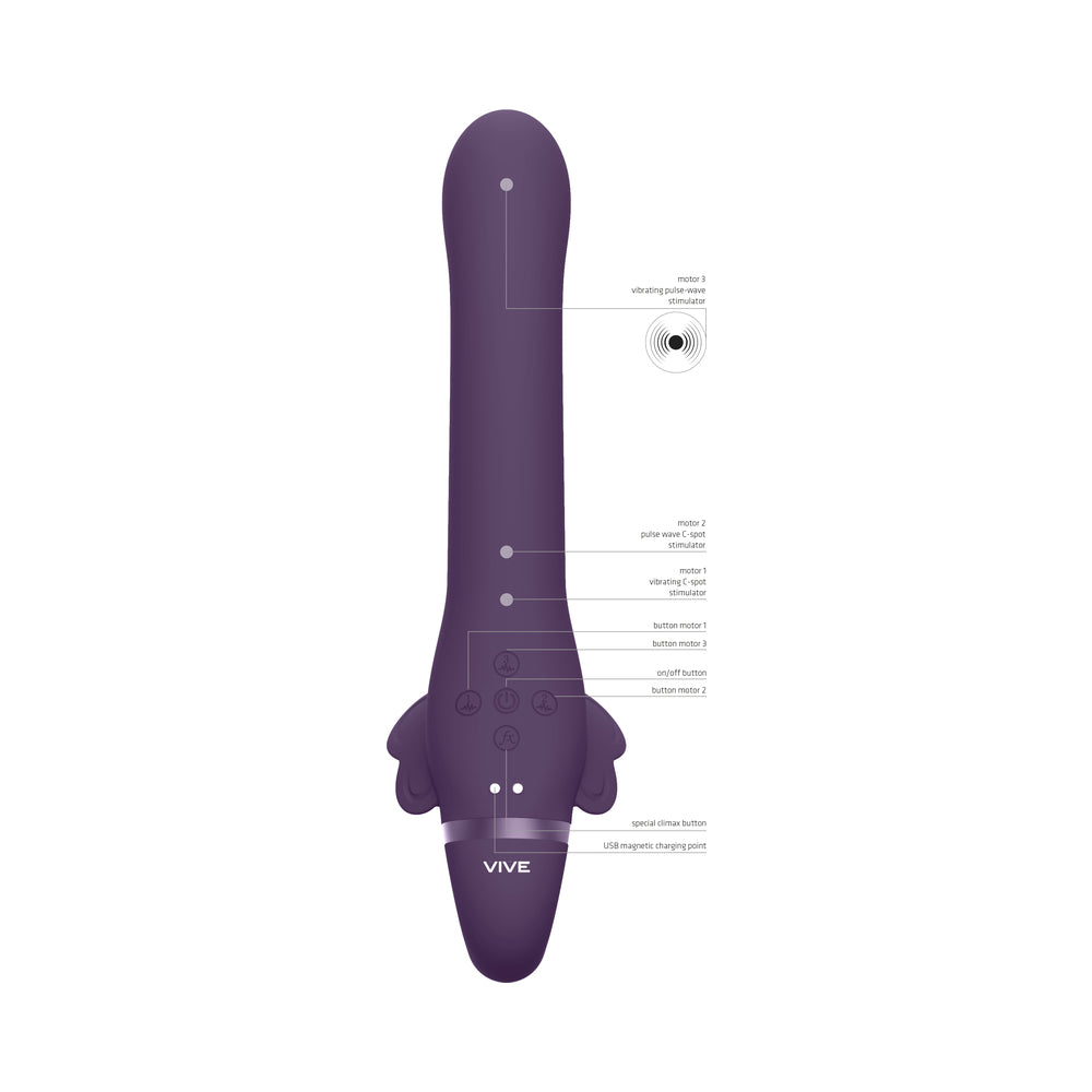 VIVE SATU Rechargeable Triple Motor Pulse-Wave Vibrating Strapless Strap-On - Purple
