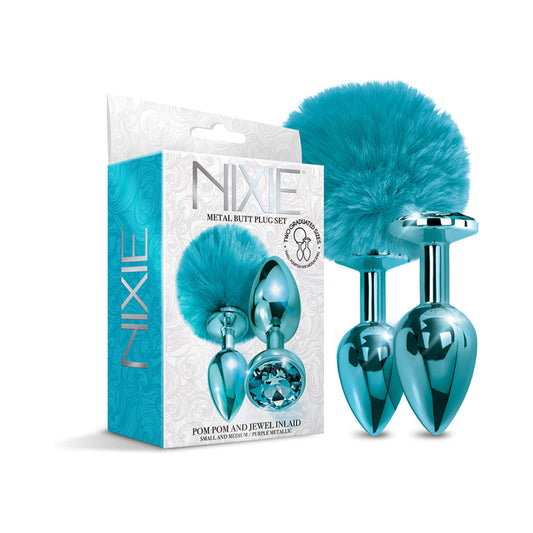 NIXIE Metal Butt Plug Set with Pom Pom Tail and Jewel – Metallic Blue