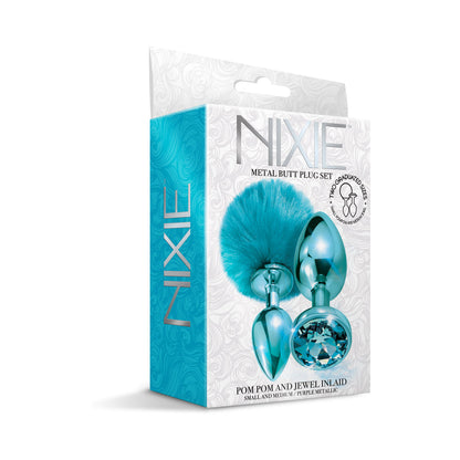 NIXIE Metal Butt Plug Set with Pom Pom Tail and Jewel – Metallic Blue