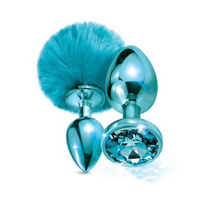 NIXIE Metal Butt Plug Set with Pom Pom Tail and Jewel – Metallic Blue