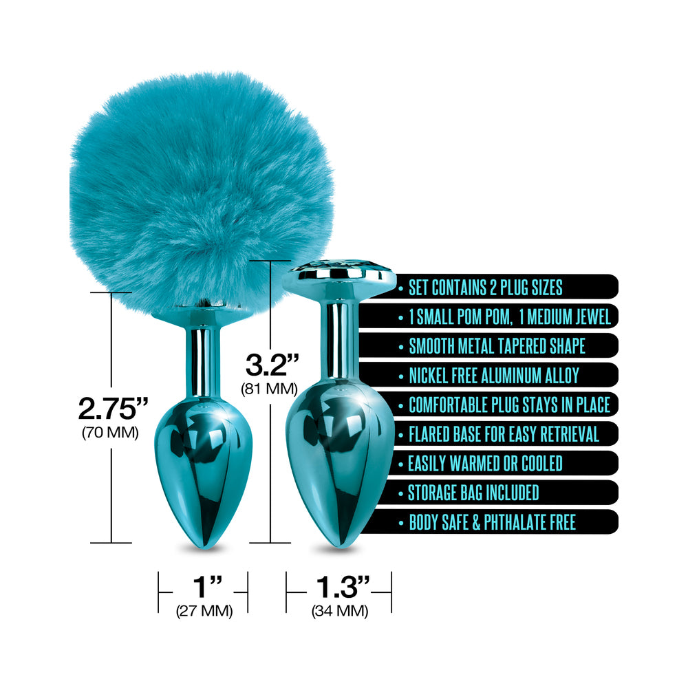 NIXIE Metal Butt Plug Set with Pom Pom Tail and Jewel – Metallic Blue