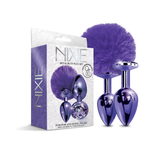 NIXIE Metal Butt Plug Set with Pom Pom Tail and Jewel – Purple