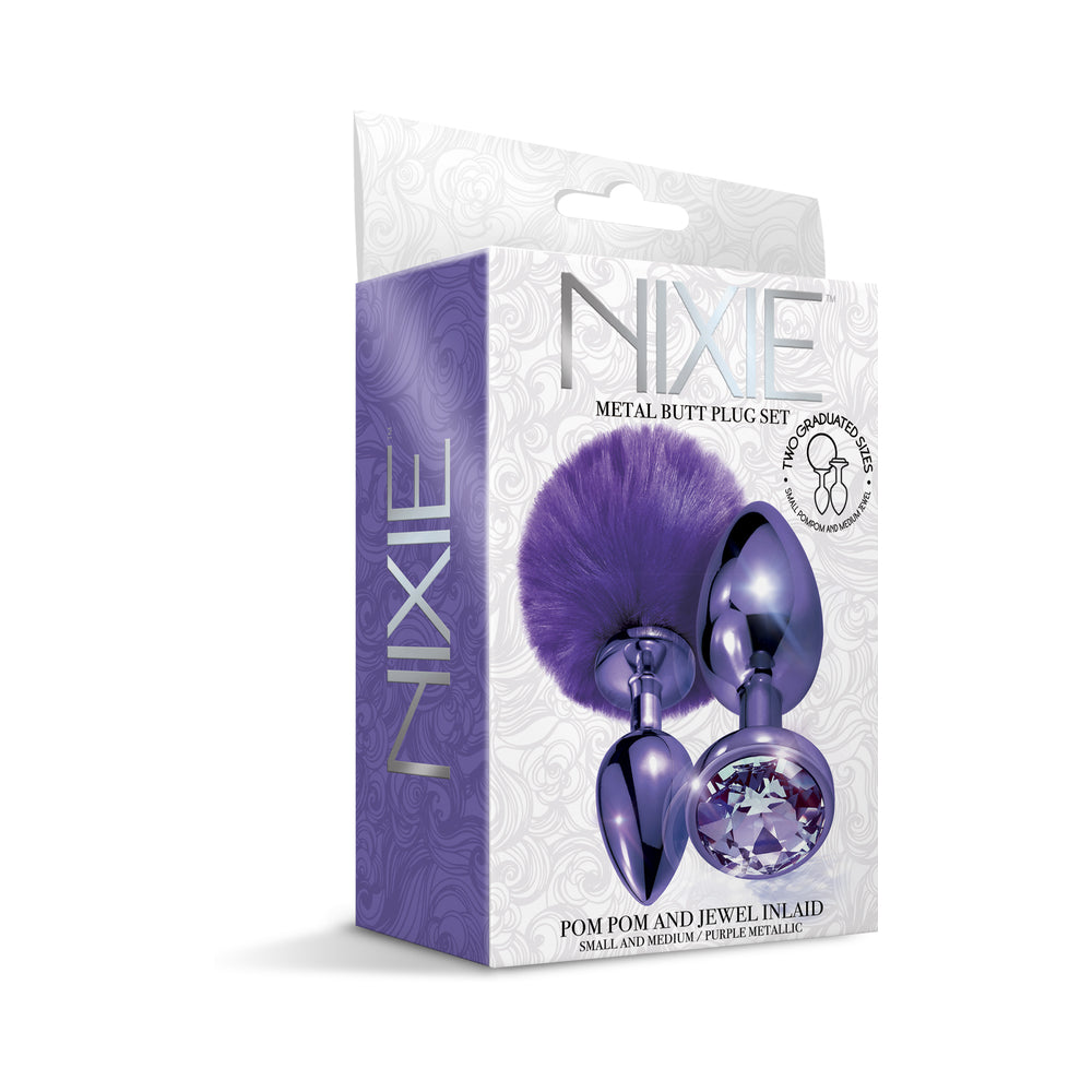 NIXIE Metal Butt Plug Set with Pom Pom Tail and Jewel – Purple