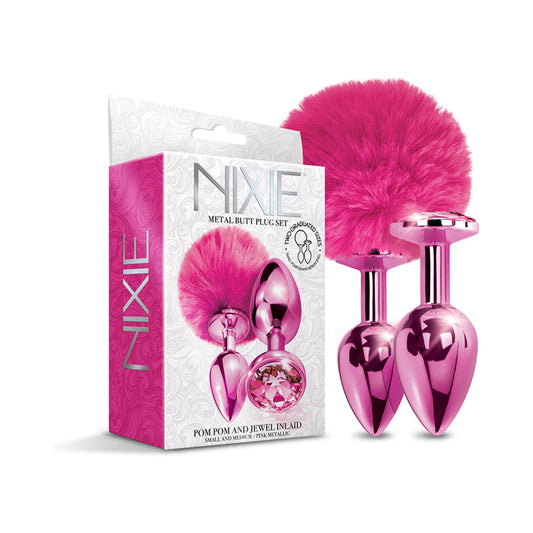 NIXIE Metal Butt Plug Set with Pom Pom Tail and Jewel-Inlaid Plug – Metallic Pink