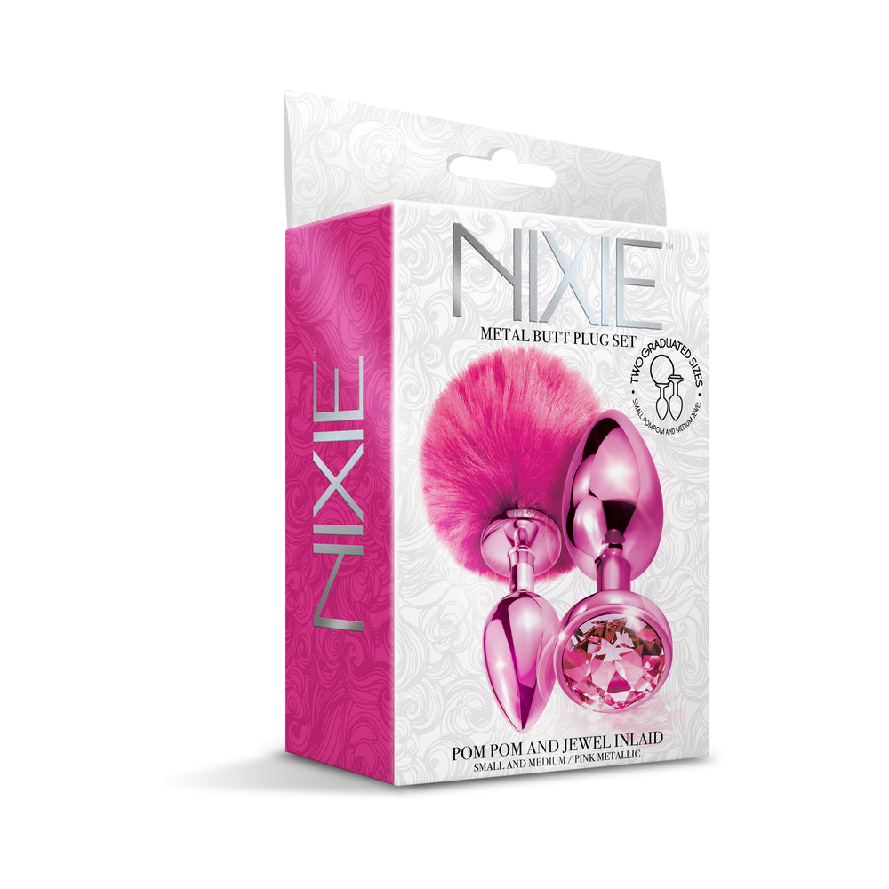 NIXIE Metal Butt Plug Set with Pom Pom Tail and Jewel-Inlaid Plug – Metallic Pink