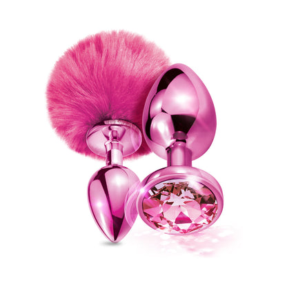 NIXIE Metal Butt Plug Set with Pom Pom Tail and Jewel-Inlaid Plug – Metallic Pink