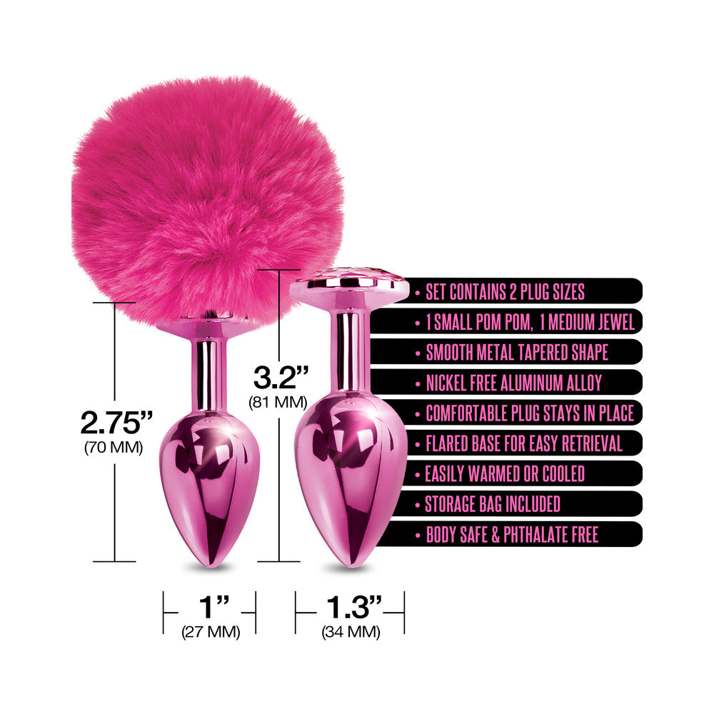 NIXIE Metal Butt Plug Set with Pom Pom Tail and Jewel-Inlaid Plug – Metallic Pink
