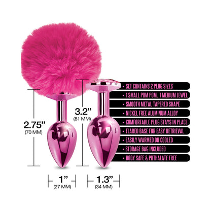 NIXIE Metal Butt Plug Set with Pom Pom Tail and Jewel-Inlaid Plug – Metallic Pink