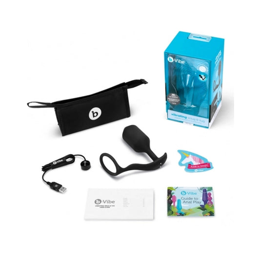 b-Vibe Vibrating Snug & Tug Rechargeable Weighted Silicone Anal Plug with Cockring XL - Black