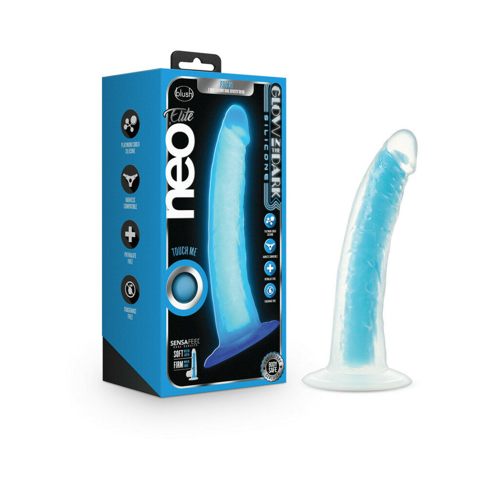 Neo Elite Glow in the Dark Prysm 7-Inch Silicone Dual-Density Dildo – Neon Blue