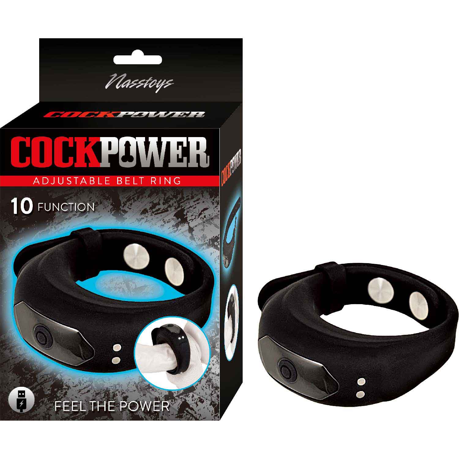 Nasstoys Cock Power Adjustable Belt Ring - Black - USB Rechargeable with 10 Vibrating Functions