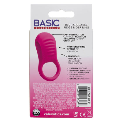 Basic Essentials Rechargeable Ridge Rider Ring - Pink - Couples Enhancer with 10 Vibration Speeds