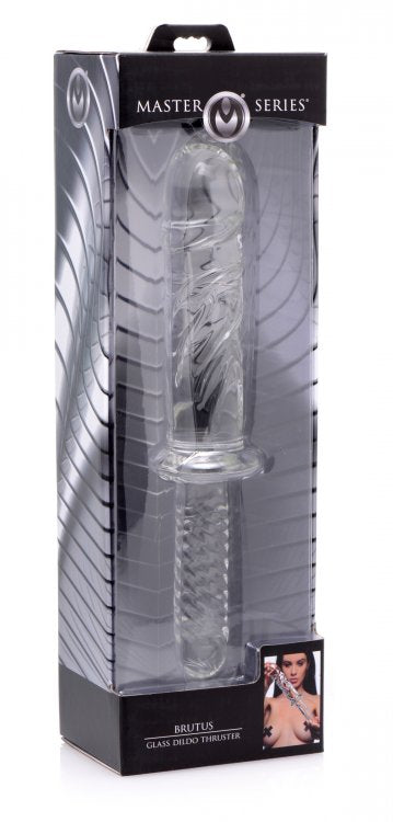 Brutus Glass Dildo Thruster - Textured Glass Dildo with Grooved Handle - Clear