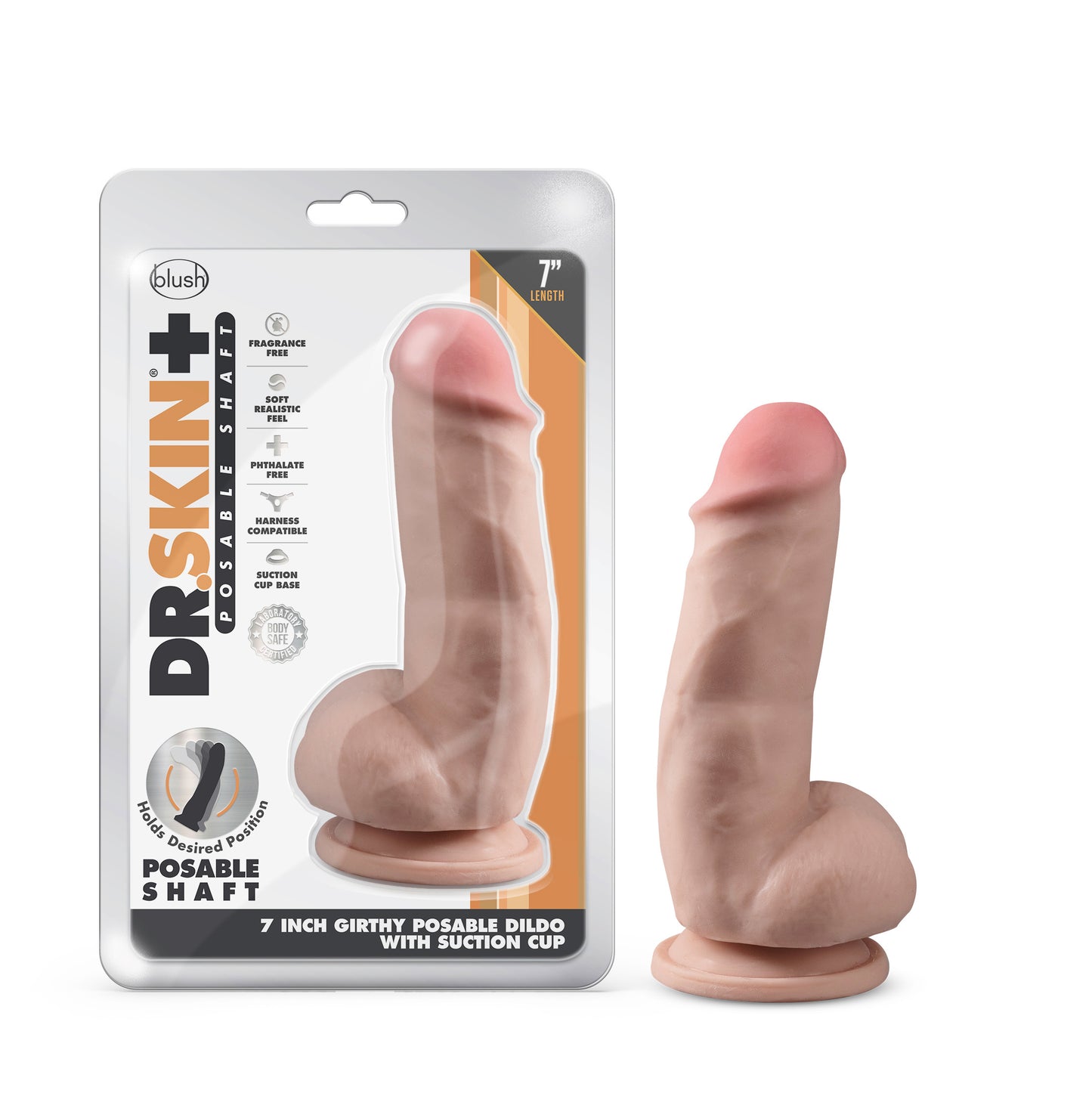 Dr. Skin Plus 7 Inch Girthy Posable Dildo with Balls - Vanilla