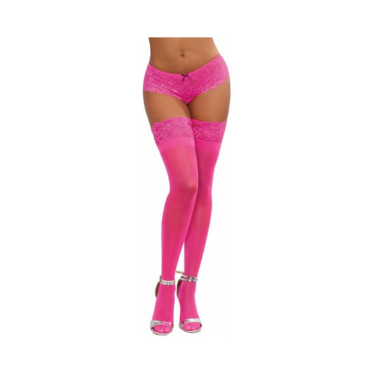 Dreamgirl Neon Pink Sheer Thigh-High Stockings with Silicone Lace Top - Pink
