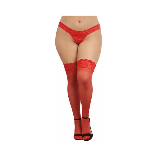 Dreamgirl Plus-Size Sheer Thigh-High Stockings with Silicone Lace Top – Red
