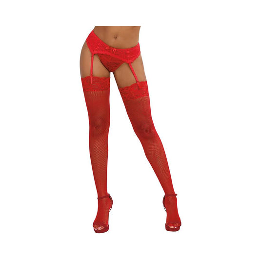 Dreamgirl Fishnet Thigh-High Stockings with Lace Top – Red