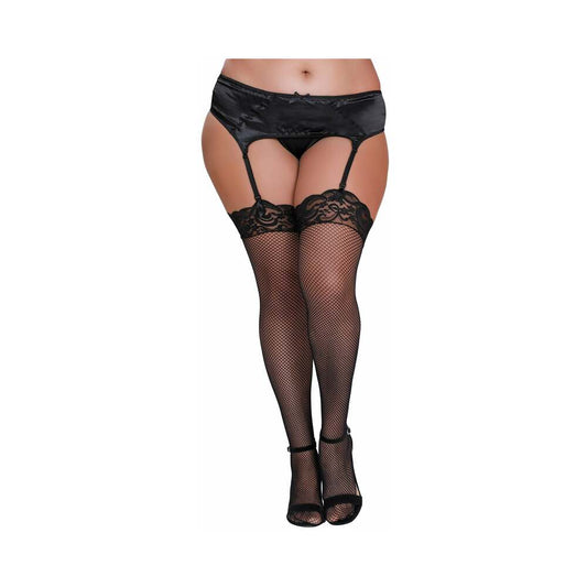 Dreamgirl Plus-Size Fishnet Thigh-High Stockings with Lace Top - Black